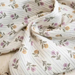 double gaze écru fleurs rose vert jaune